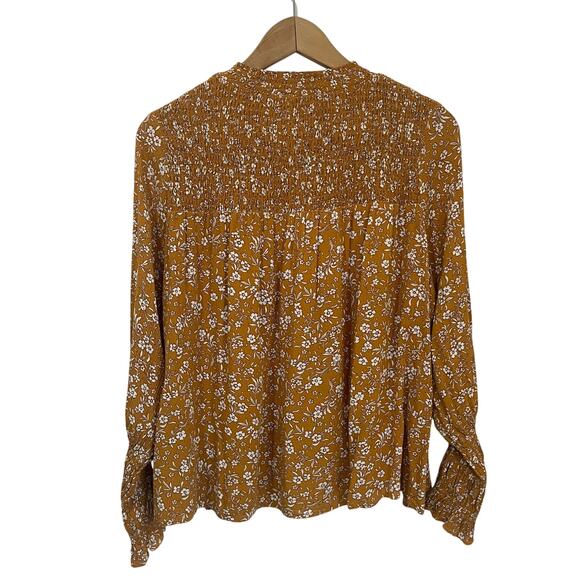 THML Mustard Smocked Floral Blouse Ruffle Sleeve Boho Chic Top Size Medium - Picture 3 of 10